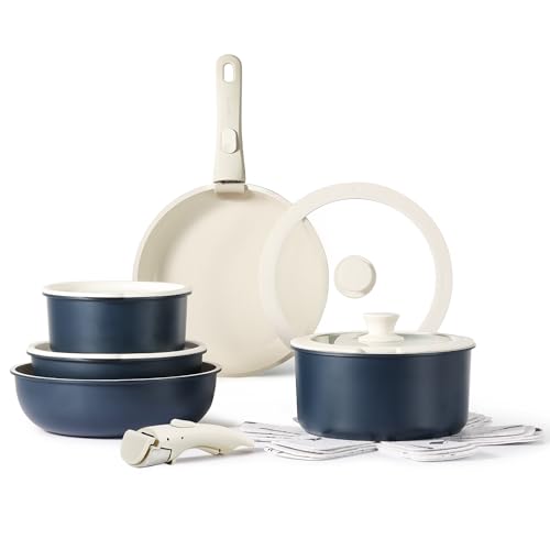 CAROTE 15pcs Pots and Pans Set, Nonstick Cookware Set Detachable Handle, Induction Kitchen Cookware Sets Non Stick with Removable Handle, RV Cookware Set, Oven Safe, Dark Blue