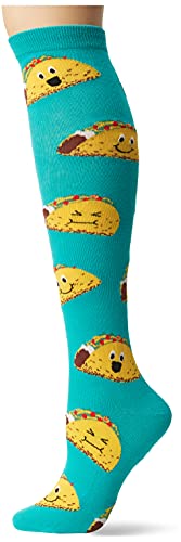K. Bell Socks Women's Food and Drink Fun Novelty Crew Socks, Happy Tacos (Teal), Shoe Size: 4-10