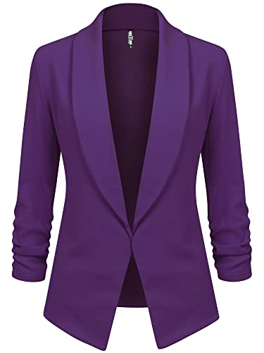 LL WSK2324 Women 3/4 Sleeve Blazer Open Front Cardigan Jacket Work Office Blazer XXL PURPLE