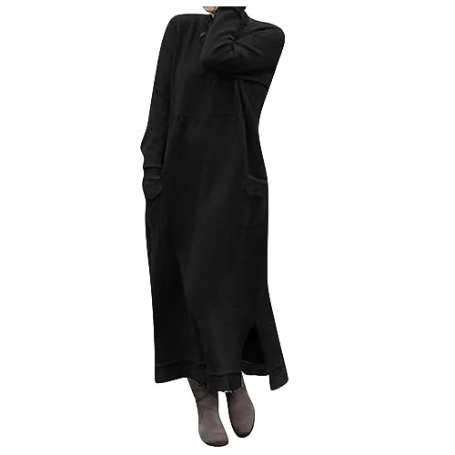 Teacher Dress, Women's Fall Long Sleeve Casual Hoodie Sweatshirts Side Slip Zipper Loose Fit Solid Color Dress with Pocket Pretty for Women Magiclip Outfit Dress Outfit Dresses (XL, Black)