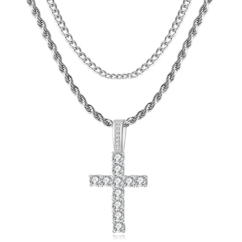 GEMOSA Cross Chain for Men Gold Silver Plated 5A+ Cubic Zirconia Stainless Steel Layered Cuban Link Rope Necklace 16-24 Inch Large Cross Chains Diamond Iced Out Pendant for Boys Jewelry Gifts