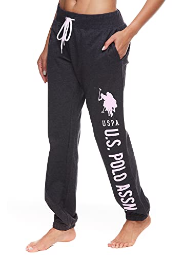 U.S. Polo Assn. Essentials Womens Lounge Pants with Pockets, French Terry Sweatpants for Women (Dark Charcoal Heather/Light Pink Print, Medium)