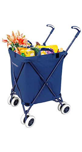 VersaCart Transit -The Original Patented Folding Shopping and Utility Cart, Water-Resistant Heavy-Duty Canvas with Cover, Double Front Swivel Wheels, Compact, Transport Up to 120 Pounds, Blue