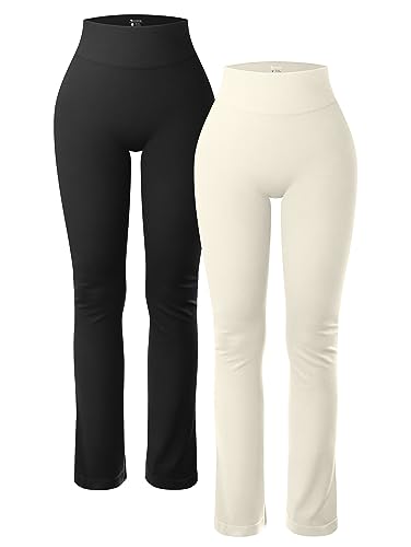 OQQ Women's 2 Piece Yoga Pants Ribbed Seamless Workout High Waist Athletic Straight Leg Leggings Black Beige