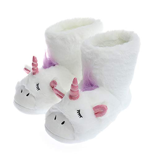 Unicorn Plush Boots | Indoor Outdoor Sneakers | Cozy Plush Shoes Woman Boots | Cute Fluffy Girls Ankle Bootie (5-6 S US, White Unicon Boot)