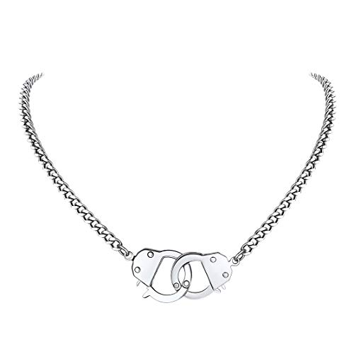FindChic Handcuff Necklace Partners in Crime Stainless Steel Curb Chain Interlocking 18inch Statement Necklace for Girls & Women Men Goth Punk Jewelry