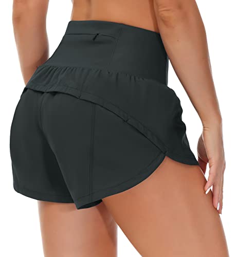 THE GYM PEOPLE Womens High Waisted Running Shorts Quick Dry Athletic Workout Shorts with Mesh Liner Zipper Pockets (Charcoal Grey, Small)