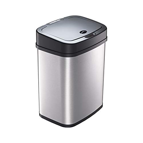 NINESTARS DZT-12-5 Bedroom or Bathroom Automatic Touchless Infrared Motion Sensor Trash Can, 3 Gal 12L, Stainless Steel Base (Rectangular, Black Lid)