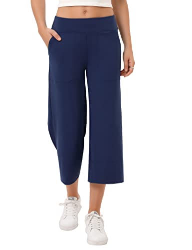 GymSmart Capri Pants for Women Wide Leg Yoga Pants with Pockets Elastic Waist Casual Loose Fit Crop Pants Navy Blue XL