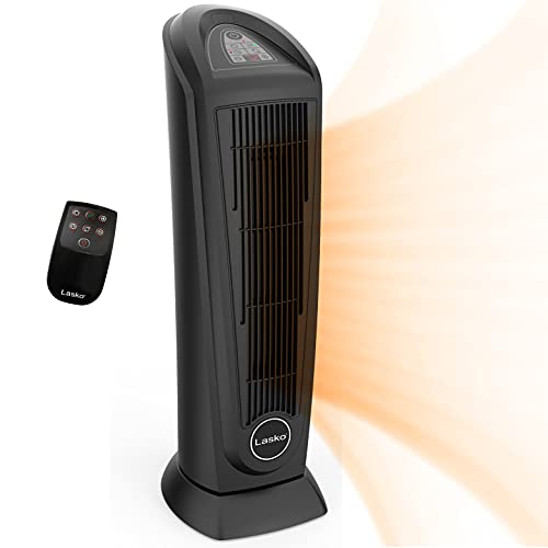 Lasko Portable Oscillating Indoor Electric Ceramic Tower Space Heater with Tip-Over Safety Switch, Overheat Protection, Timer and Remote Control, Safe for Home, 22.5 Inches, Black, 1500W, 751321