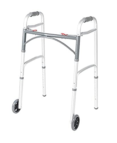Front Wheeled Walker Folding Deluxe with 2 Button and 5' Wheels, Adjustable Height (Short, Standard, Tall People) by Healthline Trading