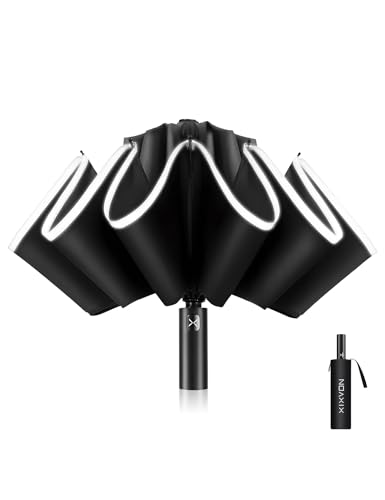 XIXVON Umbrella Pro (10 Ribs, Black) | UPF 50+ 99% UV Protection, Reflective Safety Strip, Sturdy Windproof, Travel Portable, Automatic | Reverse Folding Umbrella