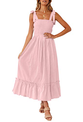 ZESICA Women's 2024 Summer Boho Spaghetti Strap Square Neck Solid Color Ruffle A Line Beach Long Maxi Dress,Pink,Small