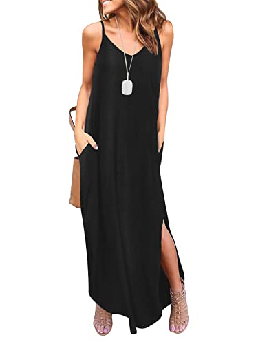 HUSKARY Women's Summer Black Maxi Dress Spaghetti Strap Beach Cover Up Long Cami Split Maxi Dresses with Pocket