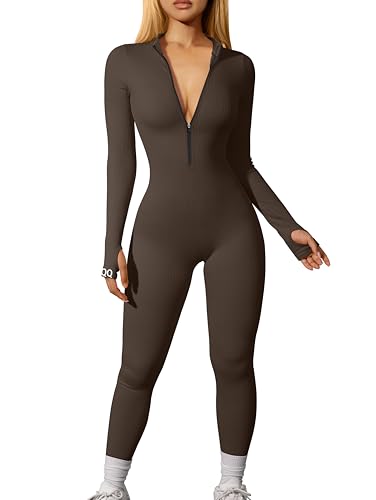 OQQ Women Yoga Jumpsuits Workout Ribbed Long Sleeve Zip Front Sport Jumpsuits Darkbrown
