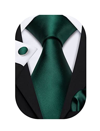 Barry.Wang Satin Silk Green Ties for Wedding Business Necktie Set with Handkerchief Cufflink Solid Color St. Patrick's Day