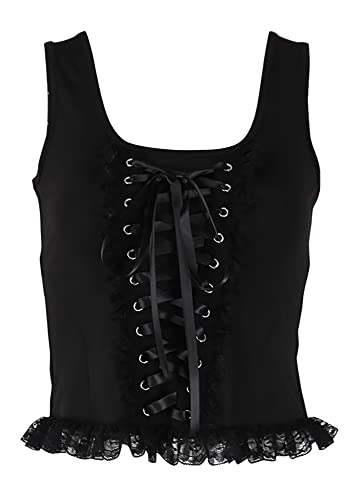 Summer Black Bandage Tank Tops Women Gothic Grunge Vintage Lace Up Sexy Sleeveless Mesh Ruffles Tops