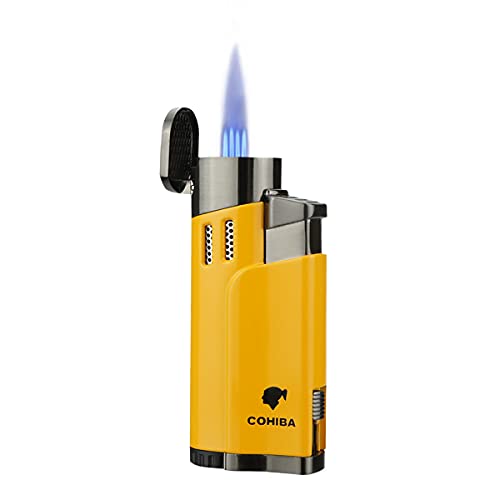 Cigar Lighters Torch with Punch 4 Jet Butane Refillbale Lighters Windproof (Yellow)