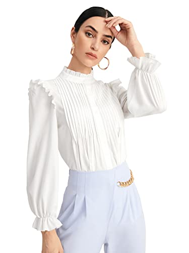 WDIRARA Women's Pleated Ruffle Trim Flounce Long Sleeve Mock Neck Blouse Top White L
