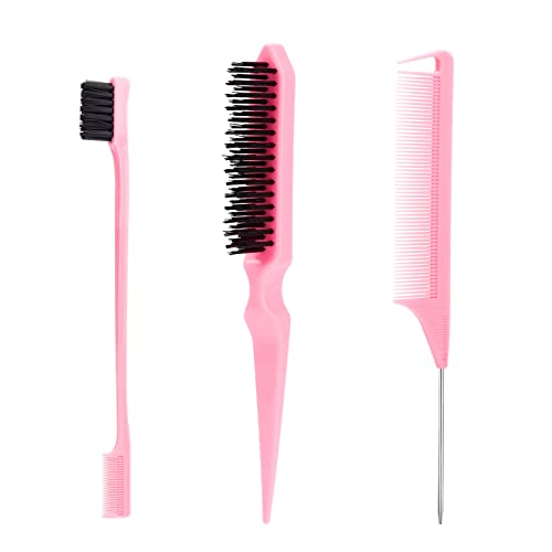 SWEET VIEW Hair Brush Set, 3 Pcs Slick Back Hair Bristle Brush, Rat Tail Comb, Edge Brush for Smoothing Baby Hair & Flyaways - Pink