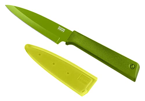 KUHN RIKON Colori+ Non-Stick Straight Paring Knife with Safety Sheath, 4 inch/10.16 cm Blade, Green