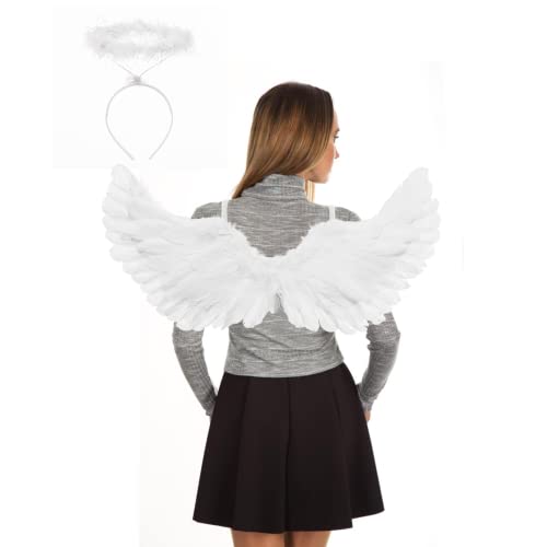 Yieeonc Angel Wings and Halo Adult White Feather Angel Wings Costume for Kids Women Halloween Cosplay Party Costumes for Boys Girls Children