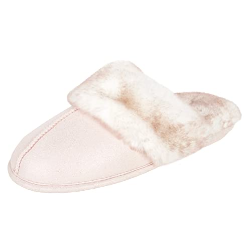 Jessica Simpson Women's Comfy Faux Fur House Slipper Scuff Memory Foam Slip on Anti-Skid Sole, Pink, Large