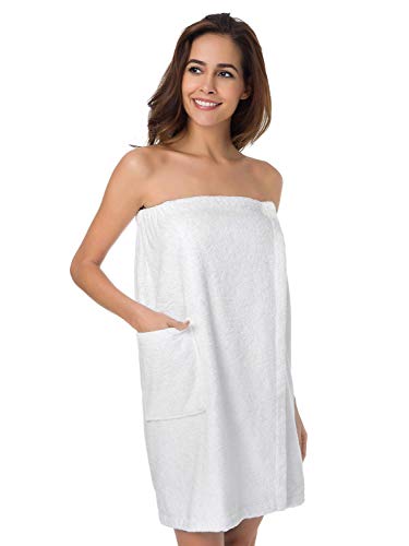 SIORO Bath Shower Wrap for Women, Terry Cloth Cotton Body Towel Wraps Spa Gym Pool Bath Towels Set with Adjustable Closure & Pockets,White Small