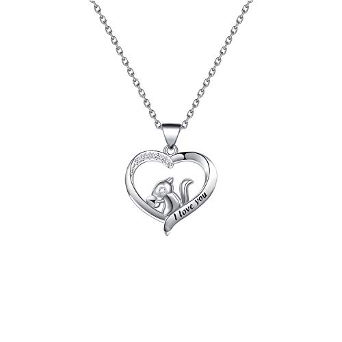BEKECH Squirrel Necklace Cute Animal Squirrel Love Heart Pendant Necklace for Women Girls I Love You Wife Girlfriend Daughter Gift Squirrel Lover Gift (silver)