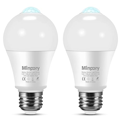 Motion Sensor Light Bulbs, 13W(100W Equivalent) Motion Detector Auto Activated Dusk to Dawn Security LED Bulb, A19 E26 5000K Daylight Outdoor/Indoor Lighting for Garage Porch Stairs Patio, 2 Pack