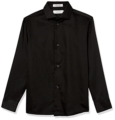 Calvin Klein Boys' Big Long Sleeve Slim Fit Dress Shirt, Style with Buttoned Cuffs & Shirttail Hem, Black, 12