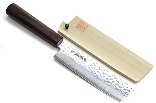 Yoshihiro VG-10 46 Layers Hammered Damascus Nakiri Japanese Vegetable Knife (6.5'' (165mm) Rosewood Handle)