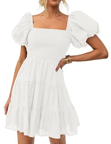 ZESICA Women's 2024 Boho Summer Square Neck Puff Sleeve Off Shoulder Smocked Tiered Casual A Line Short Mini Dress,White,Small