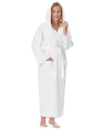 Arus Womens Classic Long Hooded Full Length Turkish Cotton Ankle Length Bath Robe White, Small-Medium