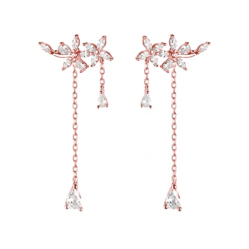 SLUYNZ 925 Sterling Silver Leaves Wrap Earrings Cuff for Women Teens Sparkling CZ Crystals Crawler Earrings Dangling Chain (B-Rose Gold)