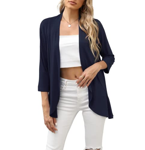 HIYIYEZI Women's Casual Lightweight Open Front Cardigans Soft Draped Ruffles 3/4 Sleeve Cardigan (Large,Navy Blue)