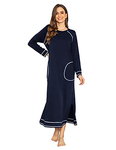 Ekouaer Women Nightgowns Long Casual Nightdress Long Sleeve Sleepwear with Pocket A-navy Blue