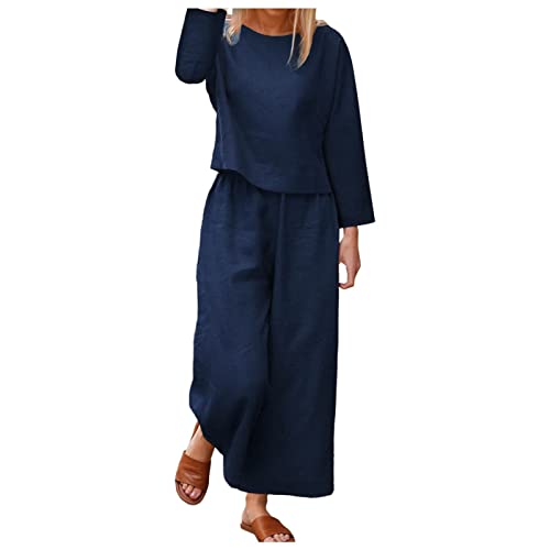 oelaio Orders Placed by Me Vacation 2023 Women 2 Pieces Outfits Solid Round Neck Long Sleeve Crop Top and Elastic Waist Wide Leg Pants Casual Loose Set Blue