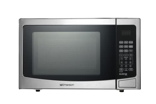 Emerson MWI1212SS Countertop Microwave Oven with Inverter and Button Control, LED Display 1000W 10 Power Levels, 8 Auto Menus, Glass Turntable and Child Safe Lock, 1.2 Cu. Ft, Stainless Steel