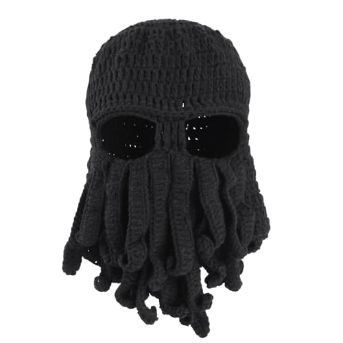 Azarxis Beard Hat Beanie Knit Pirate Hat Winter Warm Octopus Hat Windproof Funny Squid Mask for Men Women (Black)