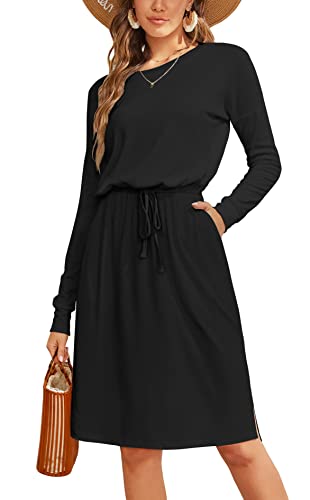 Women Fall Knit Long Sleeve Pocket Funeral Travel Midi Knee Casual Dress Black M