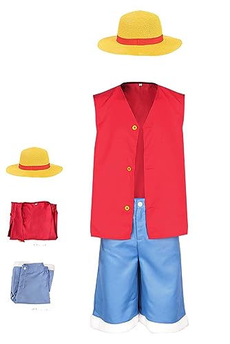 Atnawic Kids Monkey D Luffy Cosplay Costume Boys Luffy Hat Shirt Shorts Halloween Outfits