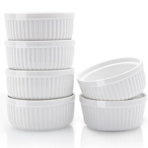 Nuwave Ceramic Ramekins 8 oz, Set of 6, Elegant Classic Style for Baking Souffles, Creme Brulées, Custards, Puddings, 4.3” Wide & 2” Tall, Microwave, Oven & Dishwasher-Safe, Ivory White