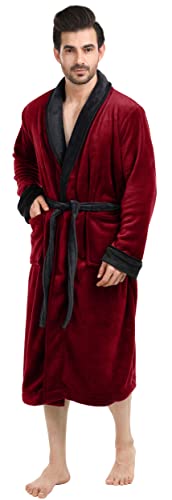 NY Threads Luxurious Mens Shawl Collar Fleece Bath Robe, Spa Robe, Burgundy With Black Contrast, Large-X-Large