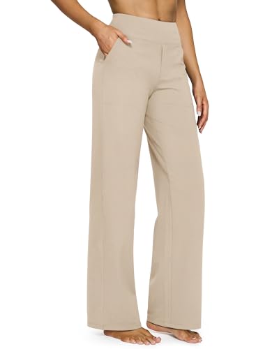 G4Free Yoga Dress Pants for Women Wide Leg Pants with Pockets Straight Leg Sweatpants Stretch Business Casual Trousers Work Slacks(Light Khaki,L,31')