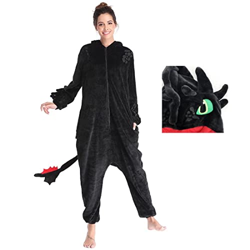 Kuberas Toothless Dragon Onesie Pajamas Adult Unisex Animal Flannel Jumpsuit Zipper Cosplay Costume Sleepwear Homewear Black