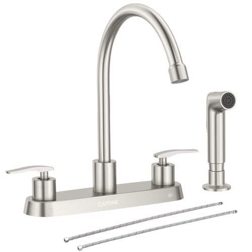 DAYONE Kitchen Faucet with Side Sprayer 2 Handle Brushed Nickel, 8 Inches 4 Holes Centerset Kitchen Sink Faucet, Pull Out Stainless Steel Sink Faucets for RV Laundry Bar with Supply Lines, DAY-CR2001