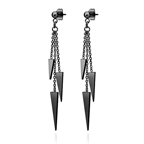 555Jewelry Womens Stainless Steel Triple Triangle Dangle Stylish Chain Chandelier Edgy Drop Post Stud Push Back Girls Ladies Teenagers Party Jewelry Fashion Accessory Earrings, Black