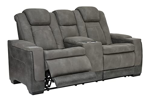 Signature Design by Ashley Next-Gen DuraPella Modern Faux Leather Power Reclining Loveseat with Console & Adjustable Headrest, Gray