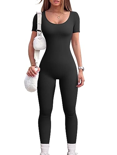 OQQ Women‘s Yoga Jumpsuits Ribbed One Piece Workout Short Sleeve Tops Exercise Jumpsuits Black
